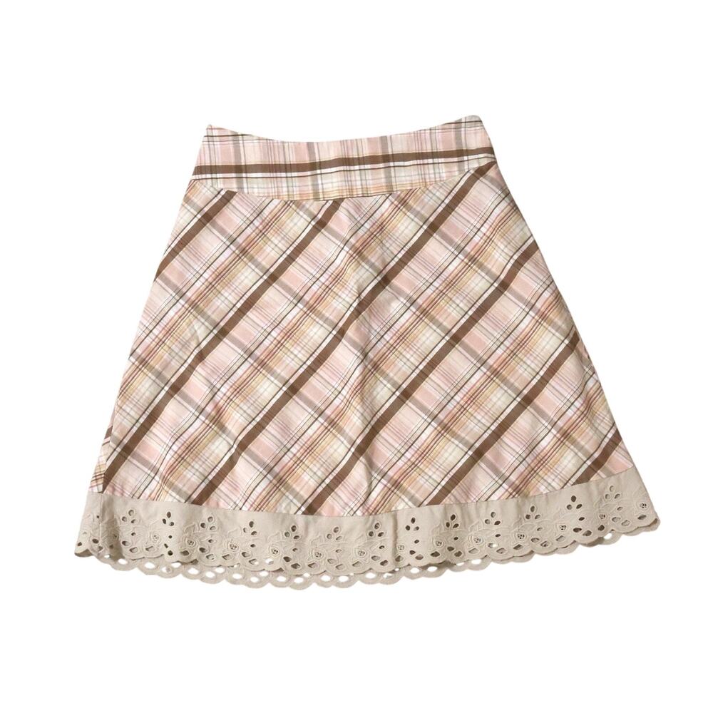 Vintage My Michelle Beige Pink Brown Floral Lace Plaid A-Line Mini Skirt 4 90s